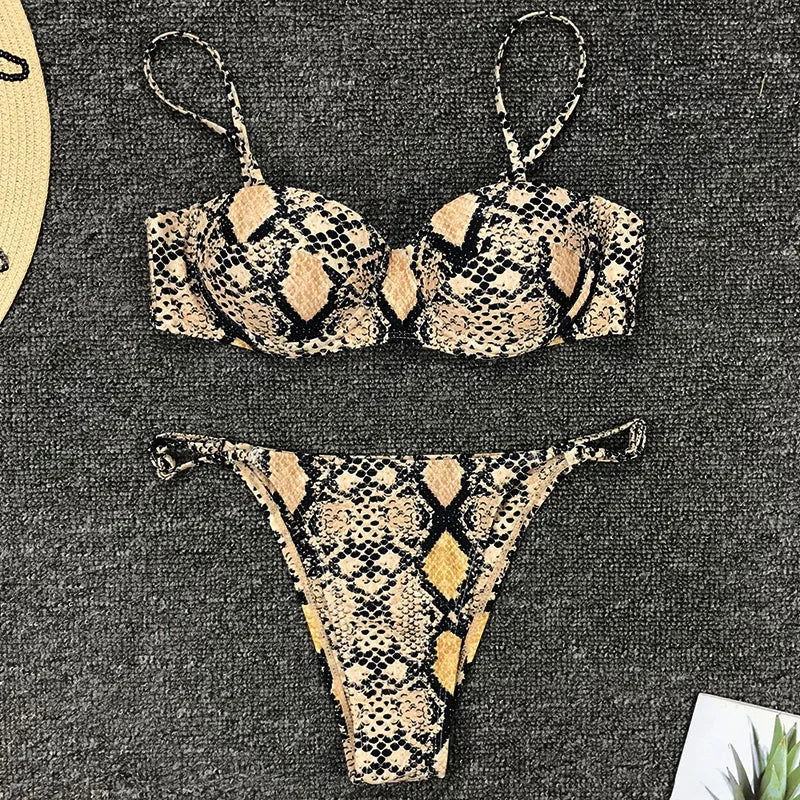 Sexy Snake Printed Underwired Bra Cup Bikini Women Swimsuit Female Swimwear Two pieces Bikini set Micro thong Bathing Suit Swim