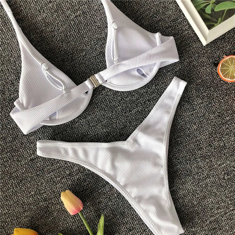 High Cut V-bar Underwired Bikini Women Swimsuit Female Micro Thong Swimwear Two-pieces Bikini Set Push Up Bathing Suit Swim Lady