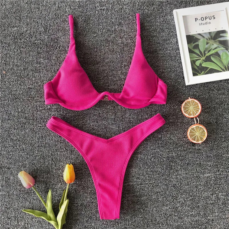 High Cut V-bar Underwired Bikini Women Swimsuit Female Micro Thong Swimwear Two-pieces Bikini Set Push Up Bathing Suit Swim Lady