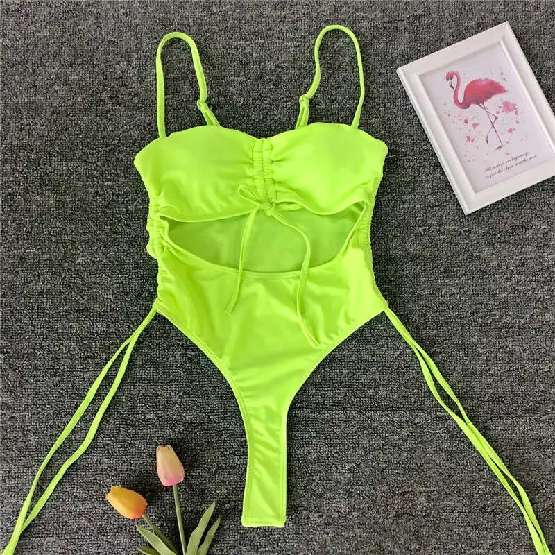 Splicing High Cut Out One Piece Swimsuit Women Tassel Swimwear Female Sexy Bathing Suit String Leopard Bikini 2025 Monokini Lady