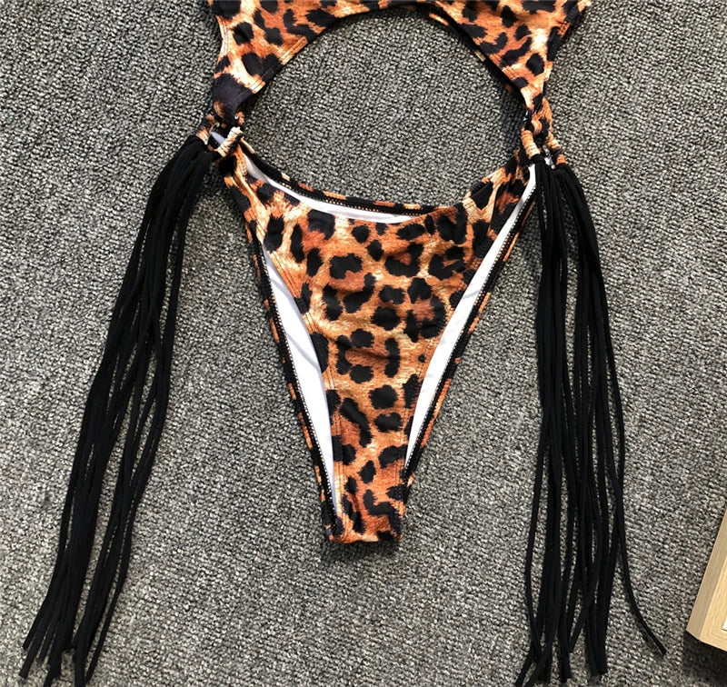 Sexy Splicing Tummy Cut Out Female Swimwear One Piece Swimsuit Women Tassel Monokini Bather String Bathing Suit Swim Bodysuit