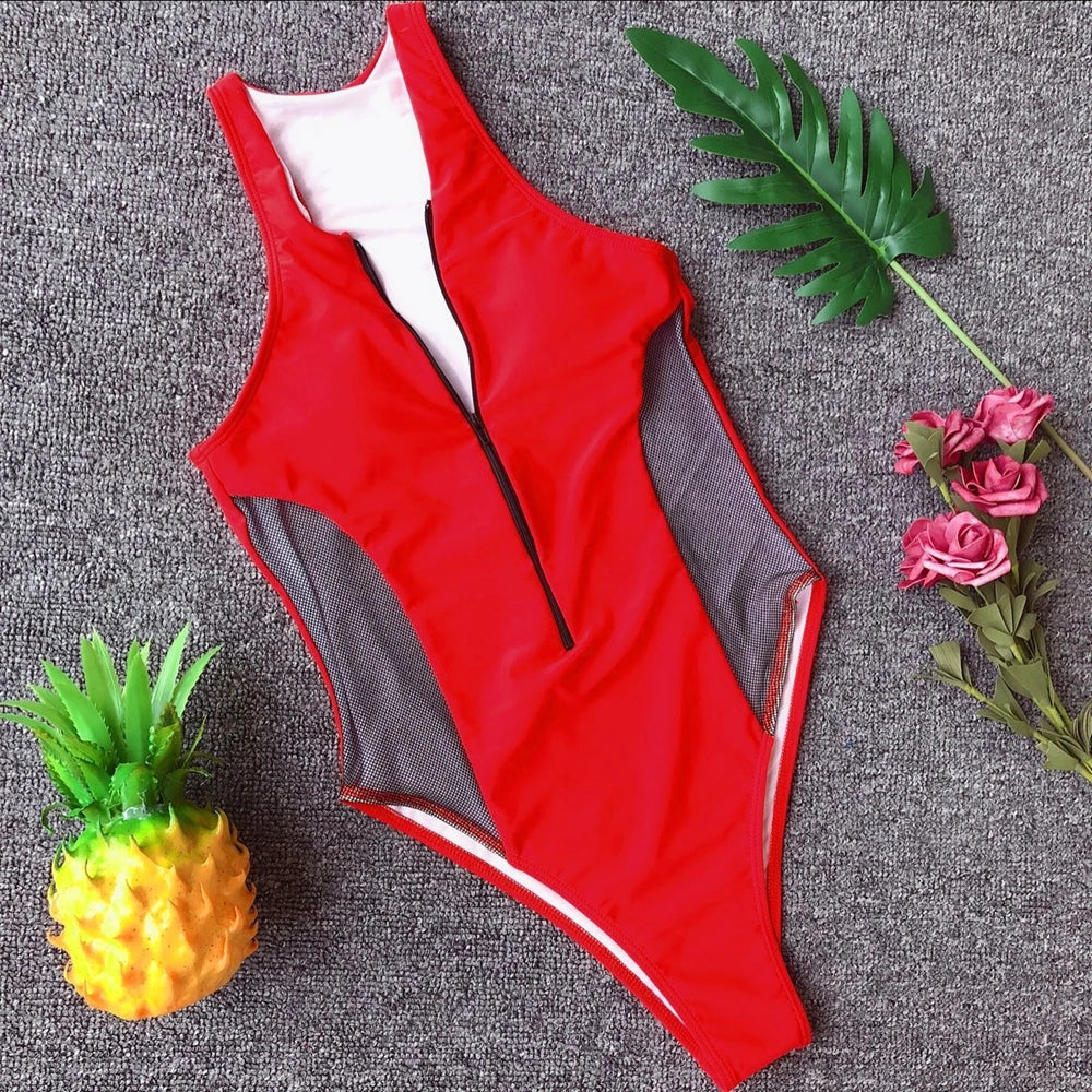 2025 Sexy Splicing Mesh Zipper Female Swimwear One Piece Swimsuit Women Monokini High Cut Bather Bathing Suit Swim Lady Bodysuit