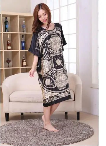 Plus Size Black Women's Summer Lounge Robe Lady New Sexy Home Dress Rayon Nightgown Large Loose Sleepwear Bathrobe Gown S002-B