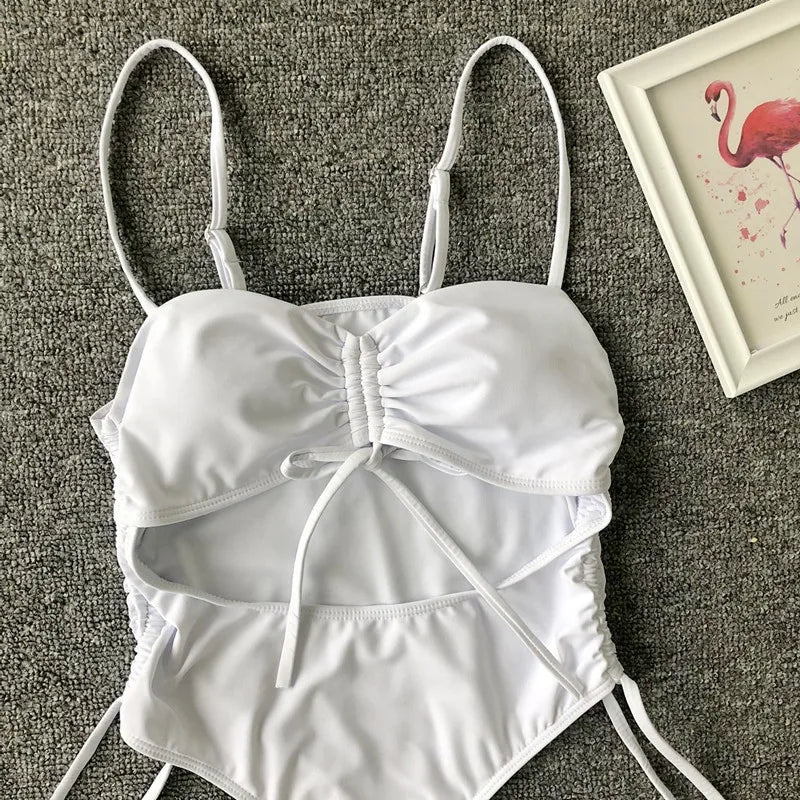 Splicing High Cut Out One Piece Swimsuit Women Tassel Swimwear Female Sexy Bathing Suit String Leopard Bikini 2025 Monokini Lady