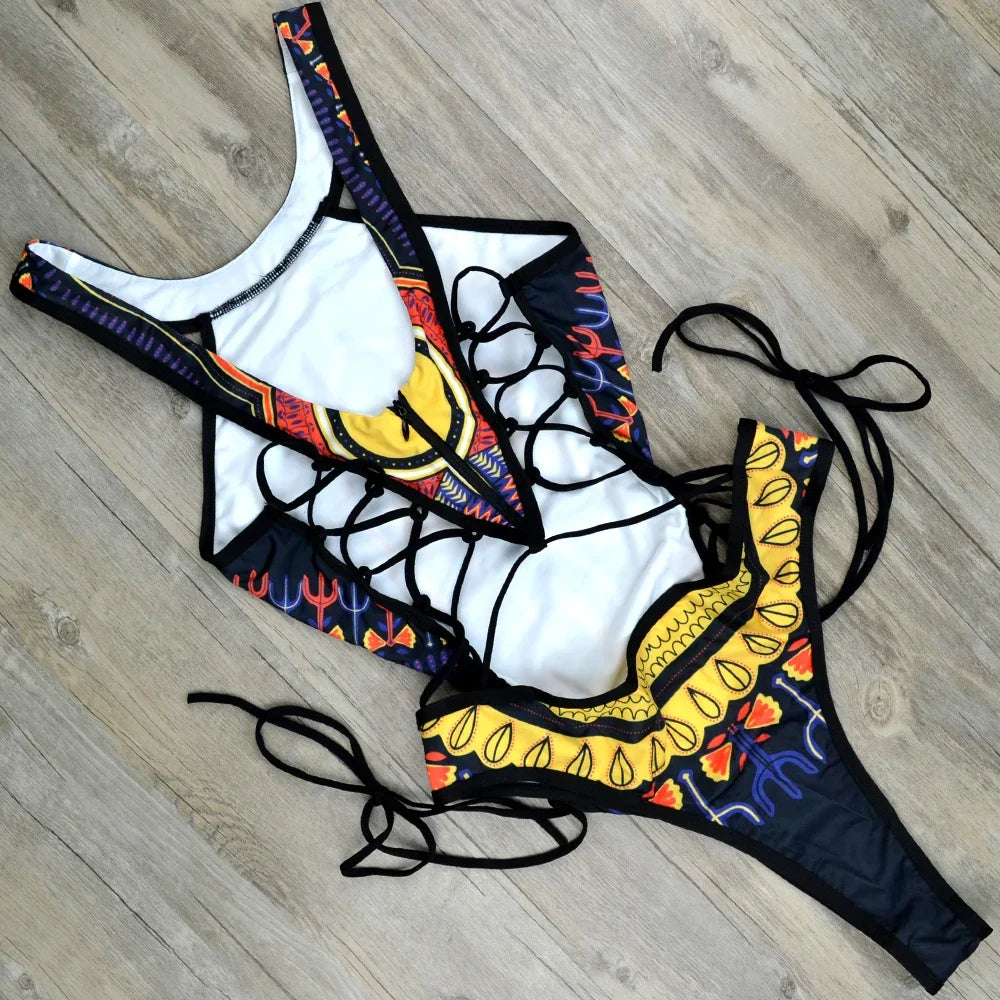 2025 African Dashiki Print One Piece Swimsuit Women High leg cut Swimwear Female Trikini Thong Monokini Brazilian Bathing Suit