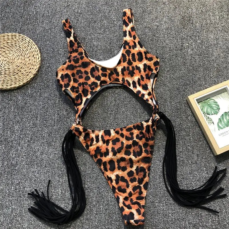 Splicing High Cut Out One Piece Swimsuit Women Tassel Swimwear Female Sexy Bathing Suit String Leopard Bikini 2025 Monokini Lady