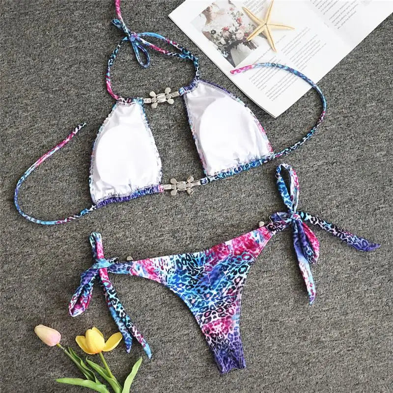 Splicing Jewelled Diamond Bikini Women Halter Swimsuit female Thong Swimwear Two Pieces Bikini Set Hollow out Bathing Suit Swim