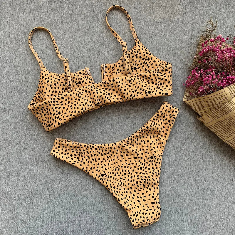 Bow Knotted Polka Dot Leopard Bikini Women High Leg Cut Swimwear Female Ribbed Swimsuit Sexy Brazilian Bathing Suit Swim Lady