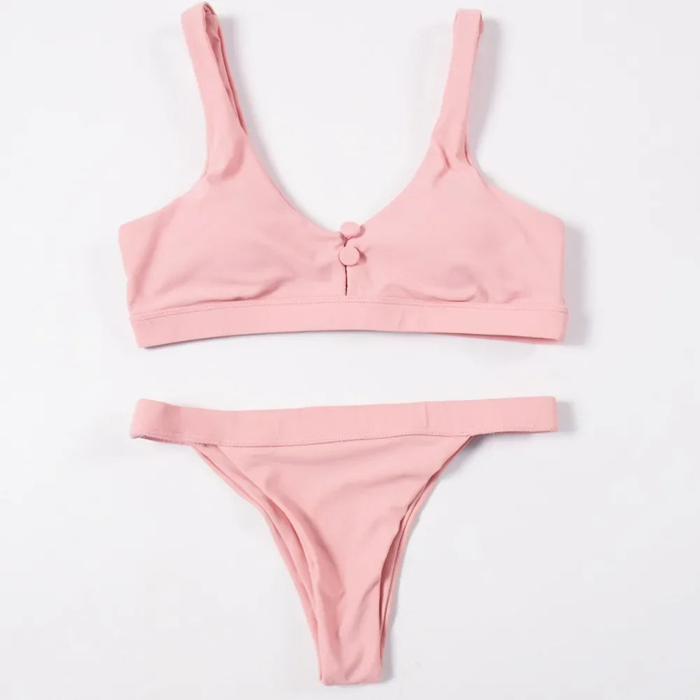 ZTVitality Sexy Bikini Solid Push Up 2019 Hot Sale Padded Bra Button Low Waist Thong Swimsuit Swimwear Women Biquini XL