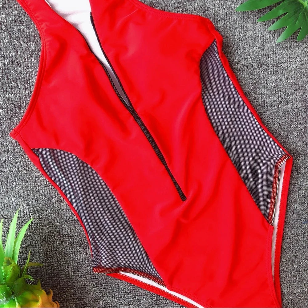 2025 Sexy Splicing Mesh Zipper Female Swimwear One Piece Swimsuit Women Monokini High Cut Bather Bathing Suit Swim Lady Bodysuit