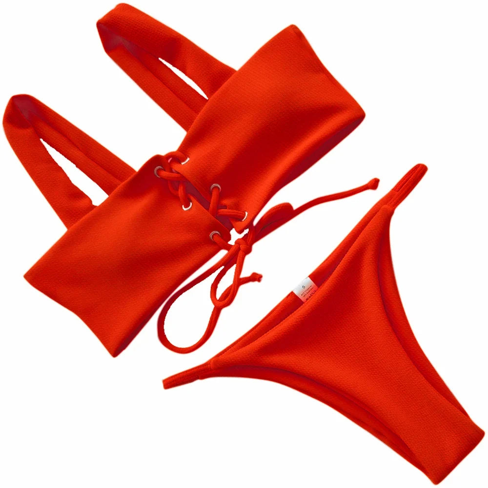 2025 Micro Bikinis Ribbed Bikini Set Women Sexy Swimsuit Mujer Bandeau Bikinis Lace Up Stylish Bathing Suit Wide Straps Swimwear
