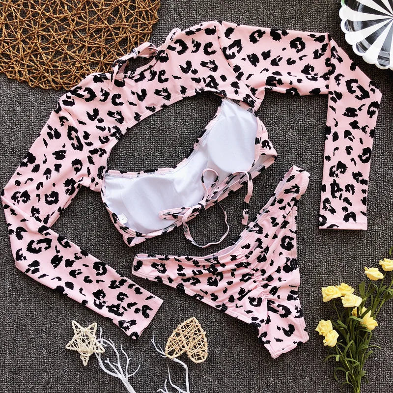 2025 Long Sleeve Neon Green Leopard Bikini Women Swimsuit Bikini Set Sexy Swimwear Female Brazilian Bathing Suit Swim Beach Wear