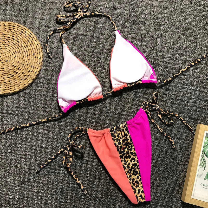 Zebra Print Halter micro Bikini 2025 women Bandeau String Swimsuit Female swimwear Neon Shiny bikini set Leopard Bathing Suit