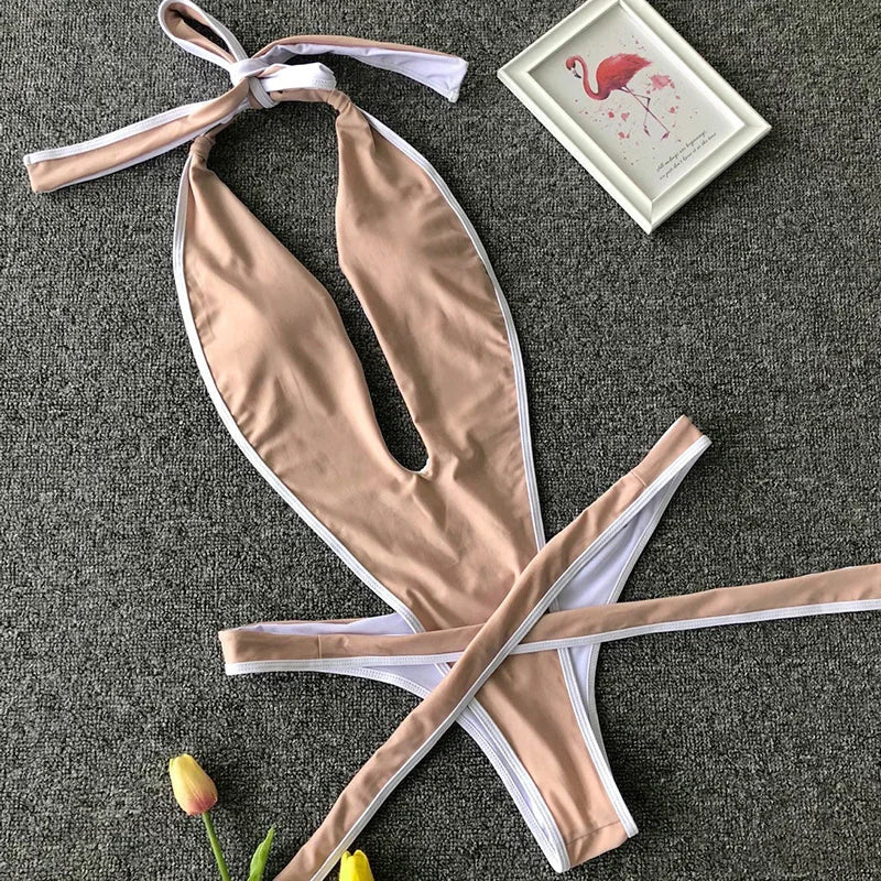 2025 Deep V Female Halter Swimwear One Piece Swimsuit Women Backless Monokini High Cut Wrap Around Bathing Suit Swim Bodysuit