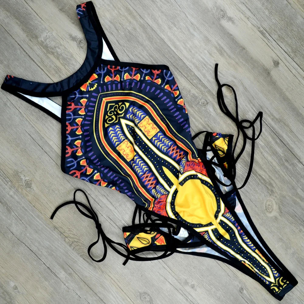2025 African Dashiki Print One Piece Swimsuit Women High leg cut Swimwear Female Trikini Thong Monokini Brazilian Bathing Suit