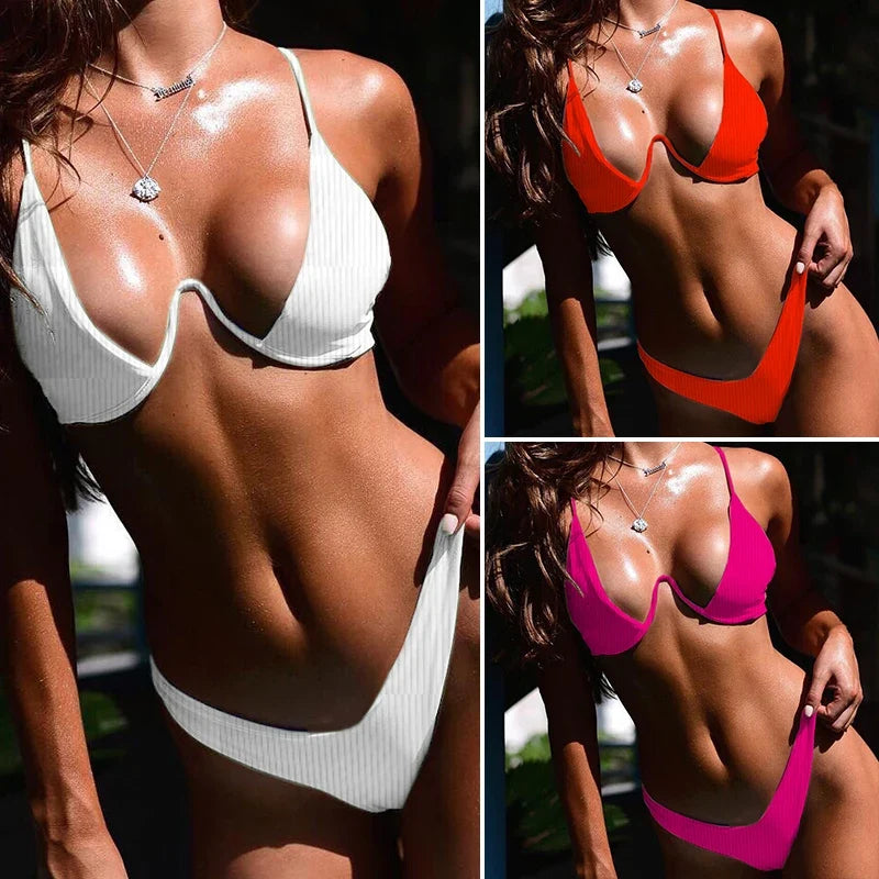 Sexy Neon V-bar Underwired Bikini 2025 Female Ribbed Swimsuit Women Thong Swimwear Two-pieces Bikini set Push up Bathing Suit
