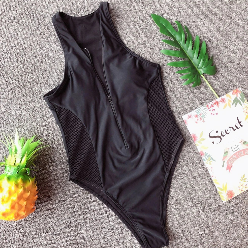 2025 Sexy Splicing Mesh Zipper Female Swimwear One Piece Swimsuit Women Monokini High Cut Bather Bathing Suit Swim Lady Bodysuit