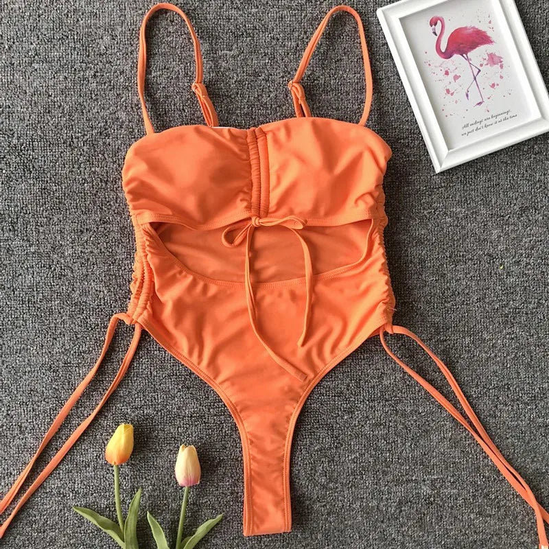 Splicing High Cut Out One Piece Swimsuit Women Tassel Swimwear Female Sexy Bathing Suit String Leopard Bikini 2025 Monokini Lady