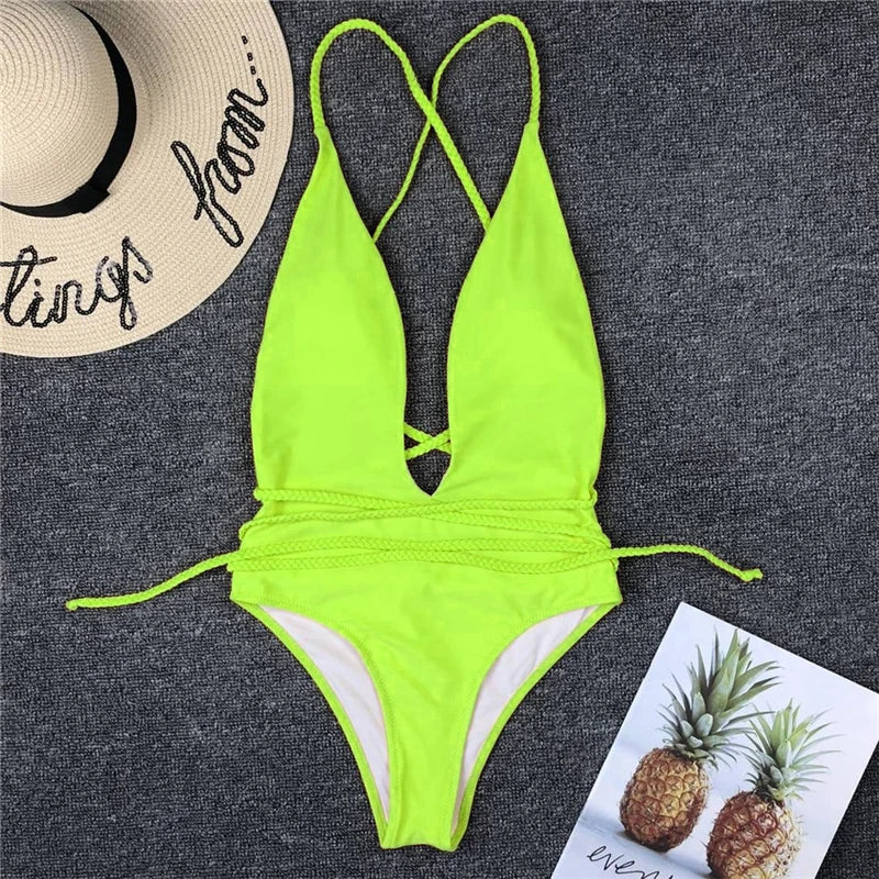 New 2025 Sexy Deep V Neck Wrap Around Female Swimwear One Piece Swimsuit Women Backless Monokini High Cut Bathing Suit Swim Lady