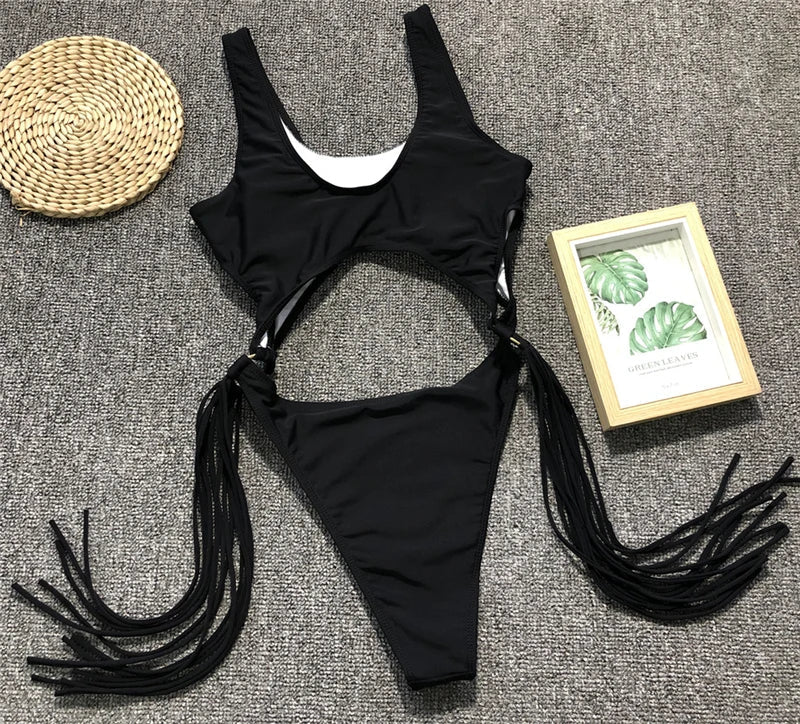 Splicing High Cut Out One Piece Swimsuit Women Tassel Swimwear Female Sexy Bathing Suit String Leopard Bikini 2025 Monokini Lady