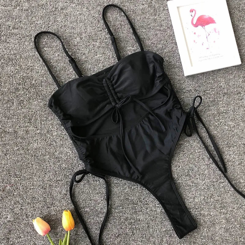 Splicing High Cut Out One Piece Swimsuit Women Tassel Swimwear Female Sexy Bathing Suit String Leopard Bikini 2025 Monokini Lady