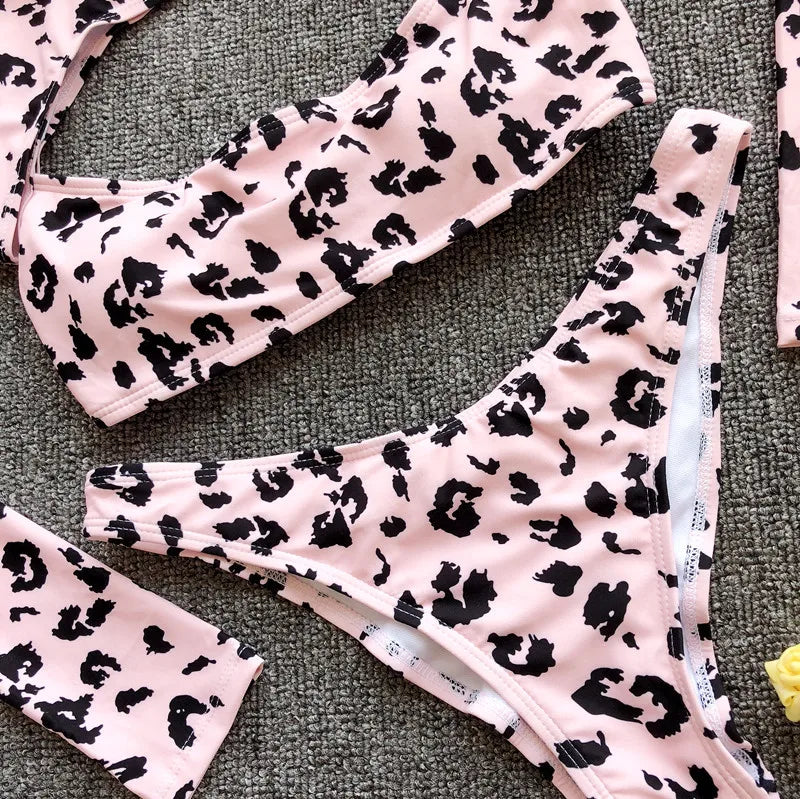 2025 Long Sleeve Neon Green Leopard Bikini Women Swimsuit Bikini Set Sexy Swimwear Female Brazilian Bathing Suit Swim Beach Wear