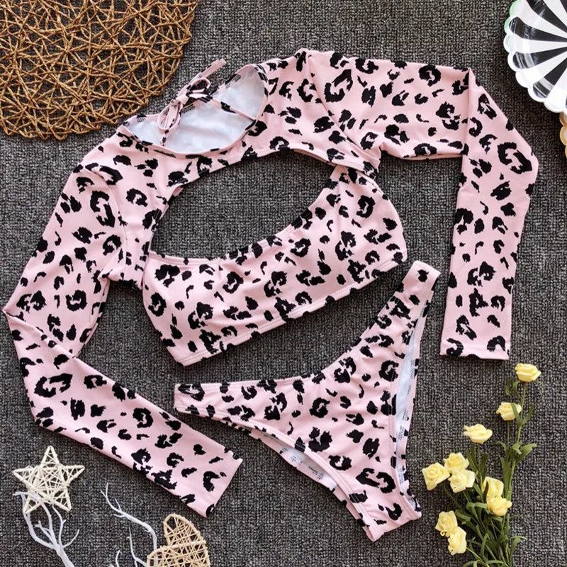 2025 Long Sleeve Neon Green Leopard Bikini Women Swimsuit Bikini Set Sexy Swimwear Female Brazilian Bathing Suit Swim Beach Wear