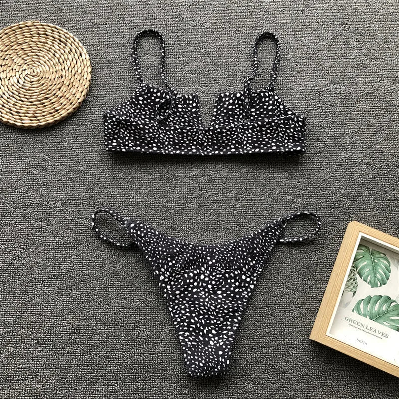 Ribbed Polka Dot Bikinis V-Bar Underwired Bikini Women Swimwear Female Swimsuit Two Pieces Bikini Set High Cut Bathing Suit Swim
