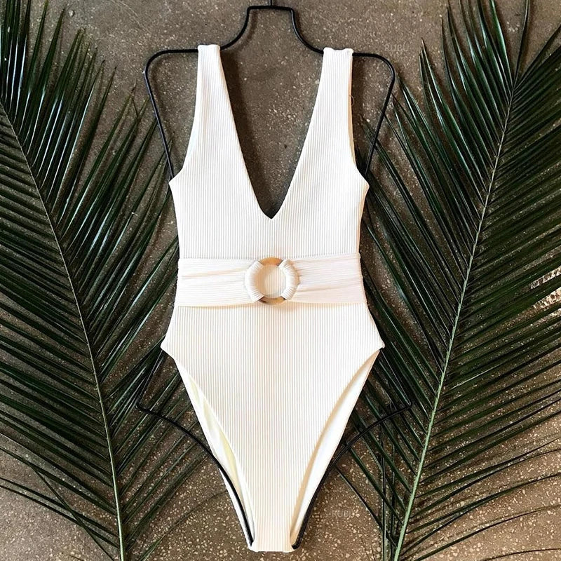 2025 White Ribbed Women Swimwear One Piece Swimsuit Female Bather Sexy High Cut Monokini Rings Belt Bathing Suit Swim Bodysuit