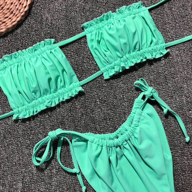 Tie Dye Pleated Ruffled Bikinis Bandeau Bikini Women Swimsuit Female Swimwear Two-pieces Bikini Set Hollow Out Bathing Suit Swim