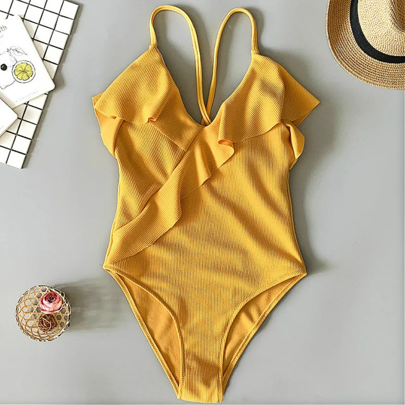 S - XXL Sexy Ribbed Ruffled One Piece Swimsuit Women Swimwear Female Monokini High Cut Bather Bathing Suit Swim Wear Bodysuit