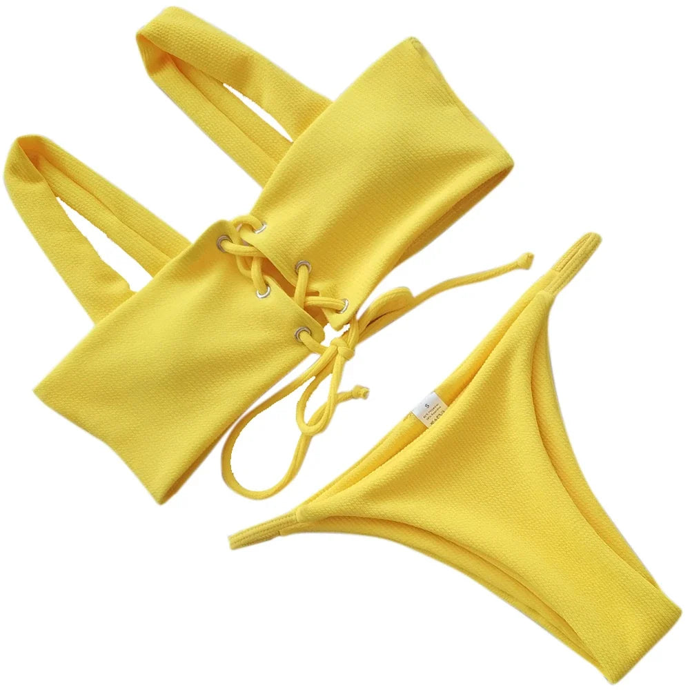 2025 Micro Bikinis Ribbed Bikini Set Women Sexy Swimsuit Mujer Bandeau Bikinis Lace Up Stylish Bathing Suit Wide Straps Swimwear