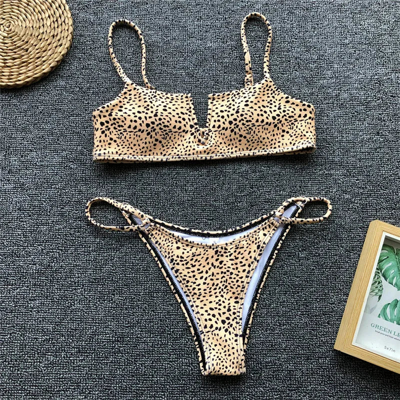 Ribbed Polka Dot Bikinis V-Bar Underwired Bikini Women Swimwear Female Swimsuit Two Pieces Bikini Set High Cut Bathing Suit Swim