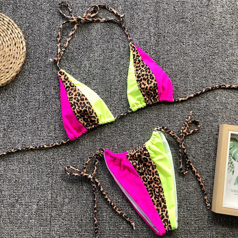 Zebra Print Halter micro Bikini 2025 women Bandeau String Swimsuit Female swimwear Neon Shiny bikini set Leopard Bathing Suit