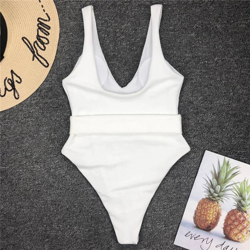 2025 White Ribbed Women Swimwear One Piece Swimsuit Female Bather Sexy High Cut Monokini Rings Belt Bathing Suit Swim Bodysuit