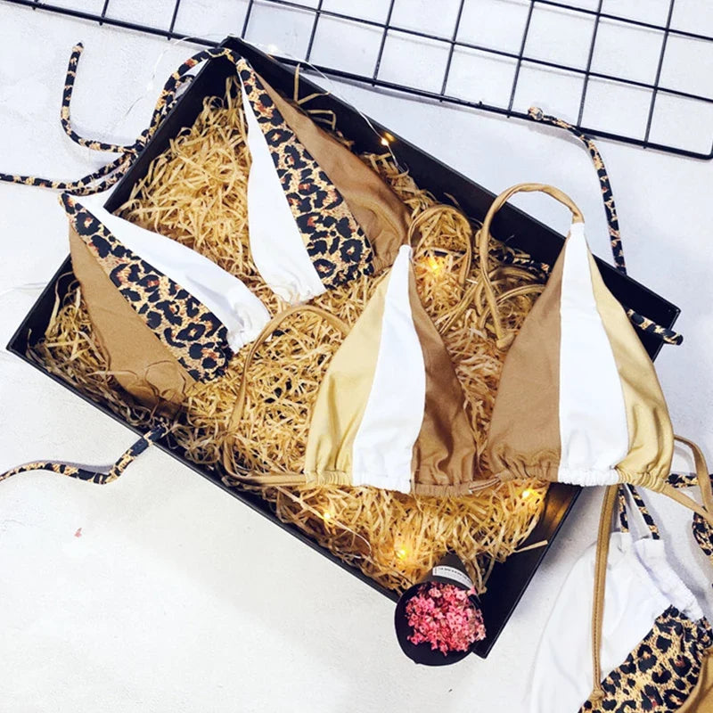 Splicing Leopard Mini Micro String Bikini Women Swimwear Female Swimsuit Two Pieces Bikini Set Halter Bather Bathing Suit Swim