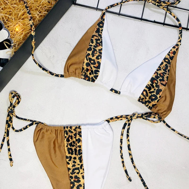 Splicing Leopard Mini Micro String Bikini Women Swimwear Female Swimsuit Two Pieces Bikini Set Halter Bather Bathing Suit Swim