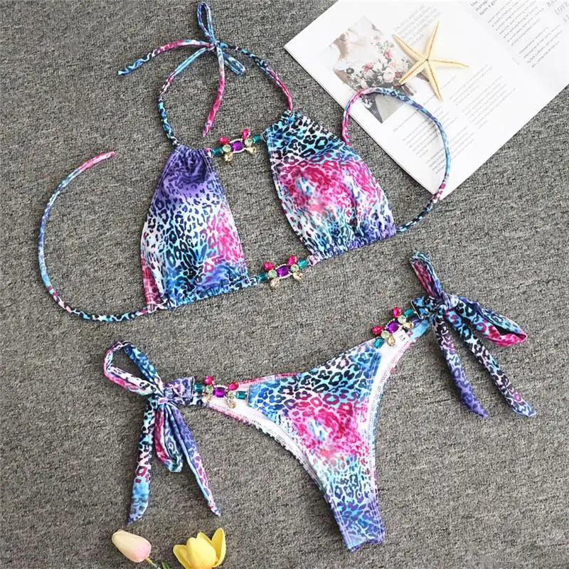 Leopard Diamond Bikini 2026 Women Hollow out Swimsuit Female Swimwear Two Pieces Bikini Set Halter Bather Bathing Suit Swim Lady