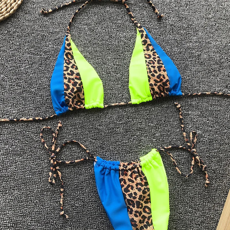 Splicing Leopard Mini Micro String Bikini Women Swimwear Female Swimsuit Two Pieces Bikini Set Halter Bather Bathing Suit Swim