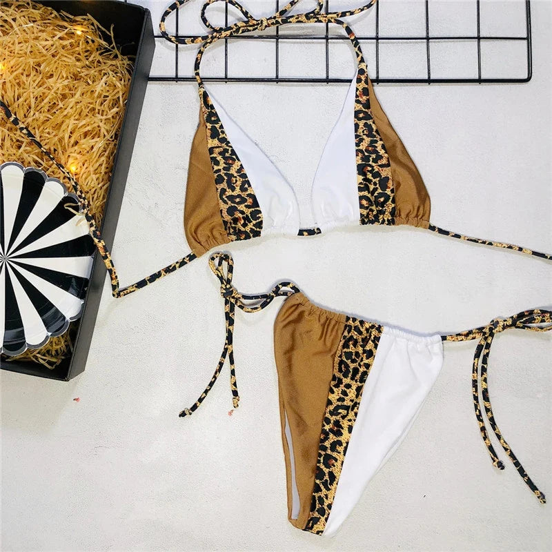 Splicing Leopard Mini Micro String Bikini Women Swimwear Female Swimsuit Two Pieces Bikini Set Halter Bather Bathing Suit Swim