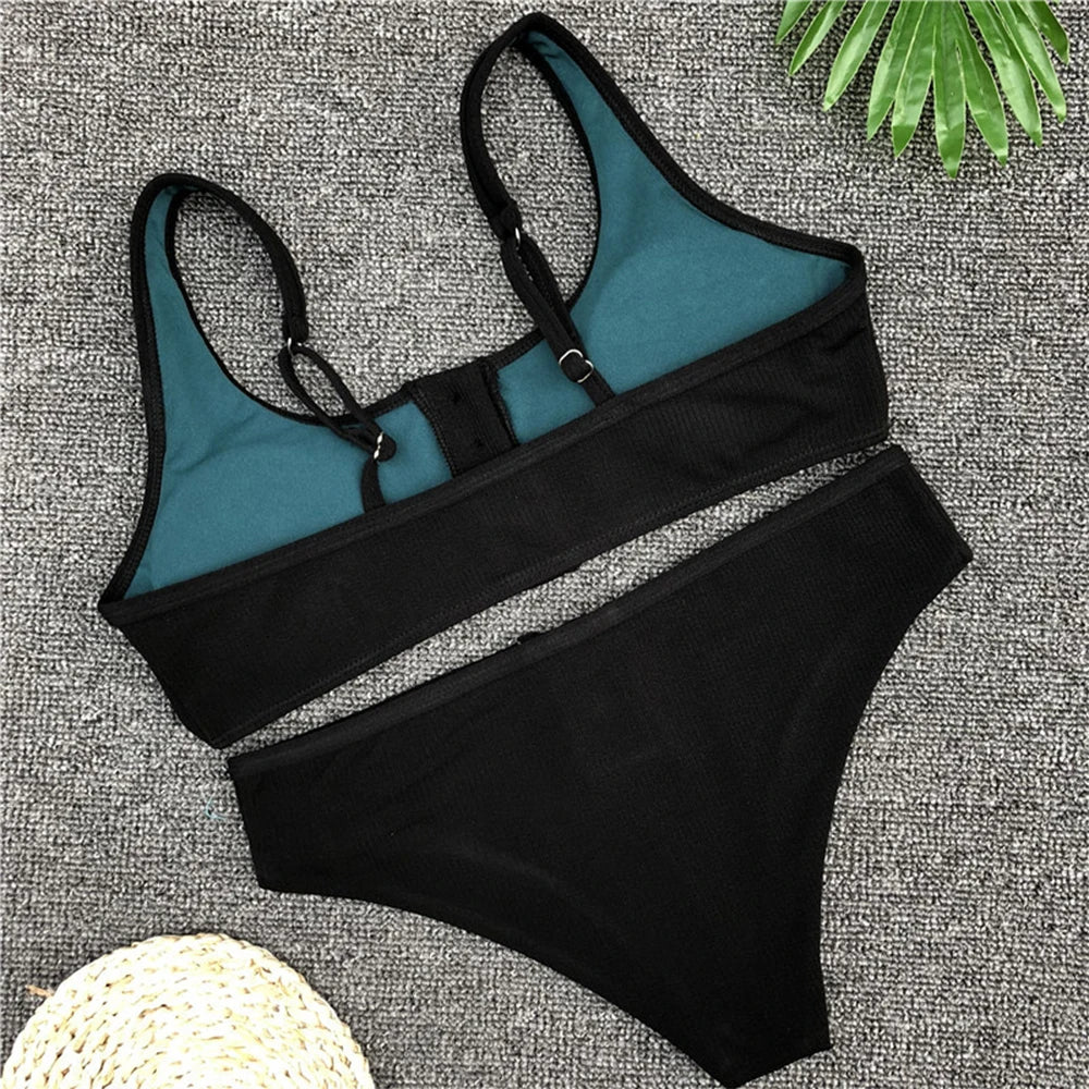 Sexy Sport Button Bikini 2025 Bandeau Swimwear Women Ribbed Swimsuit Female Two pieces bikini set Bathers Push Up Bathing Suit