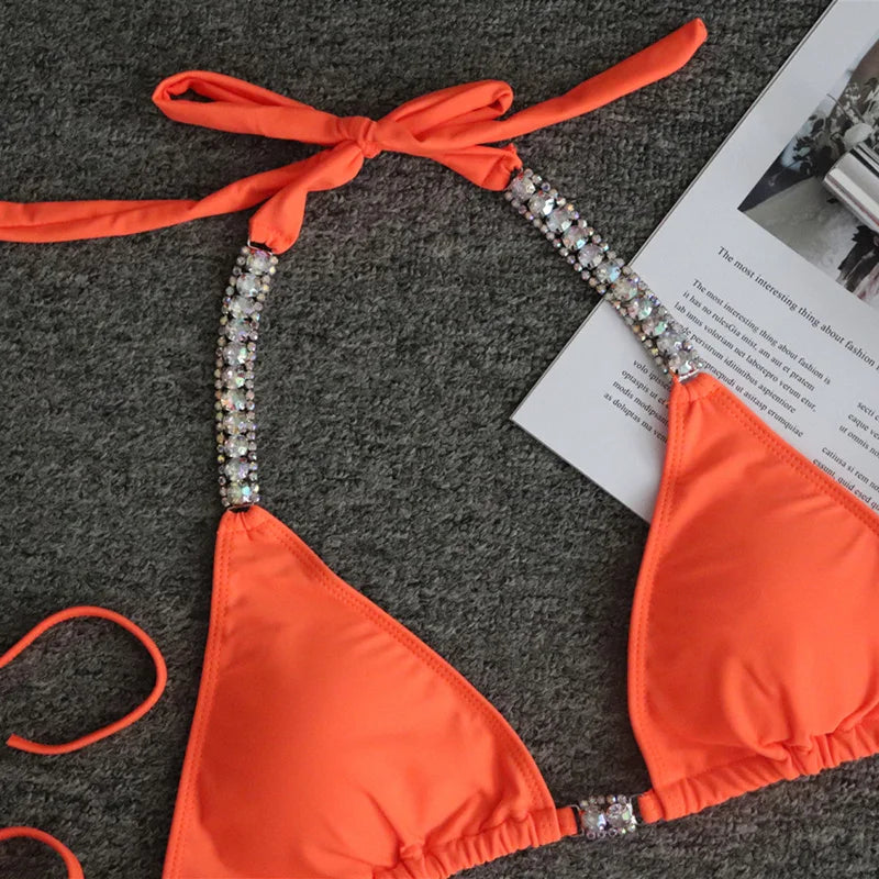 Sexy Halter Crystal Diamond Bikini 2025 Women Swimsuit Female Swimwear Two-pieces Bikini set Rhinestone Bather Bathing Suit Swim