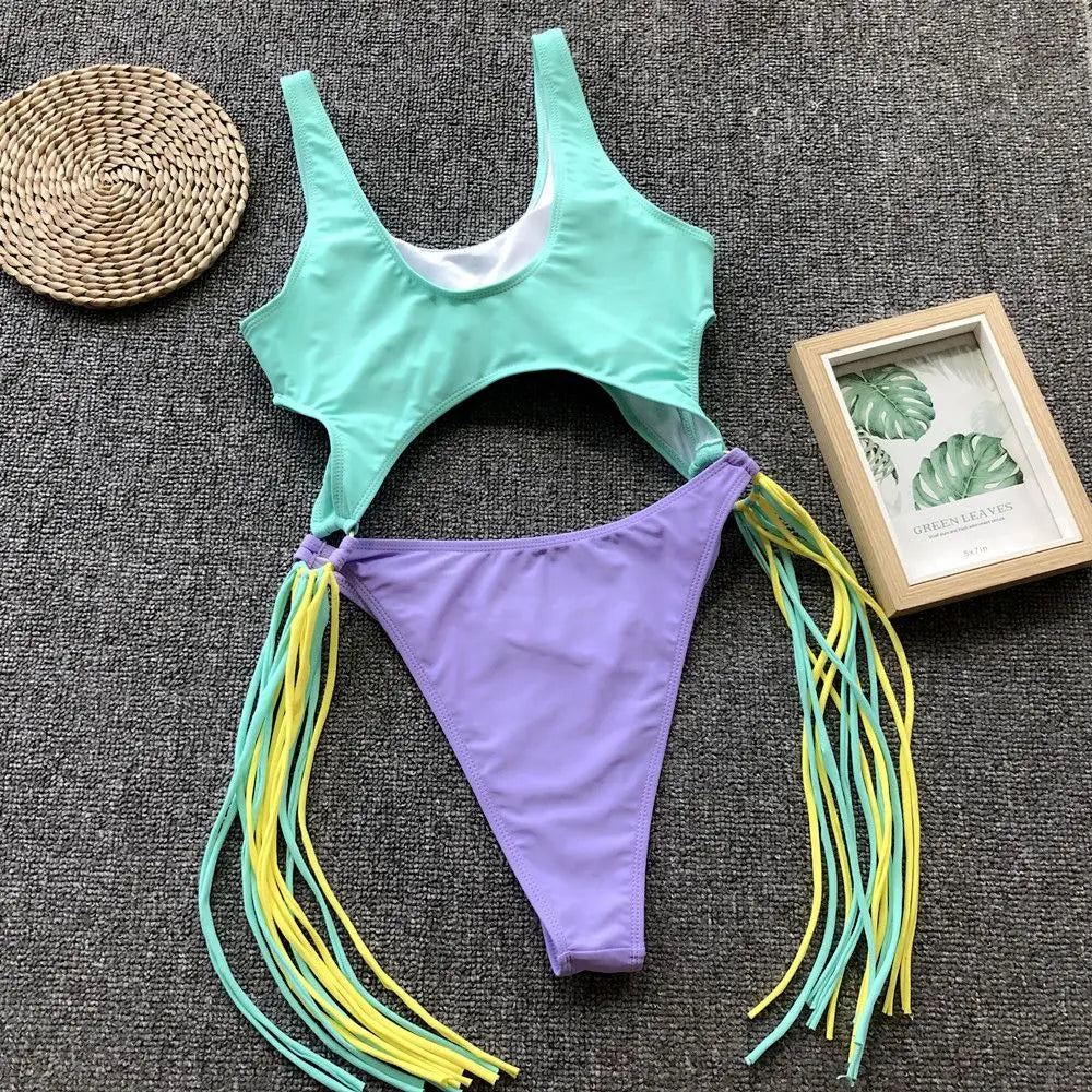Splicing High Cut Out One Piece Swimsuit Women Tassel Swimwear Female Sexy Bathing Suit String Leopard Bikini 2025 Monokini Lady