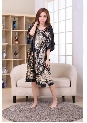 Plus Size Black Women's Summer Lounge Robe Lady New Sexy Home Dress Rayon Nightgown Large Loose Sleepwear Bathrobe Gown S002-B