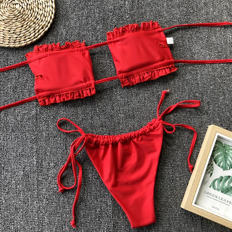 Tie Dye Pleated Ruffled Bikinis Bandeau Bikini Women Swimsuit Female Swimwear Two-pieces Bikini Set Hollow Out Bathing Suit Swim