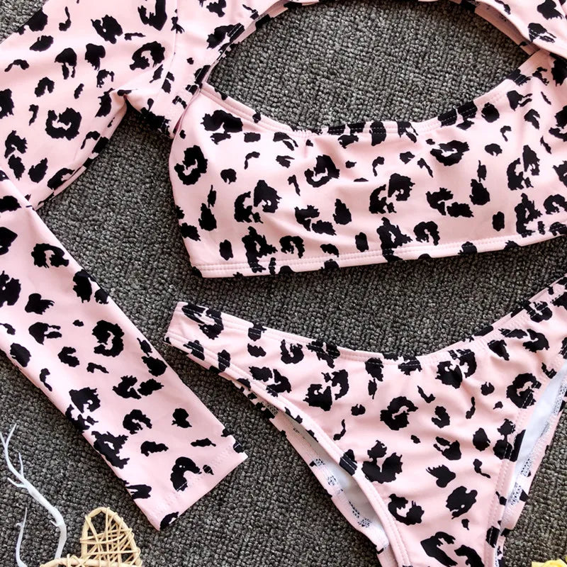 2025 Long Sleeve Neon Green Leopard Bikini Women Swimsuit Bikini Set Sexy Swimwear Female Brazilian Bathing Suit Swim Beach Wear