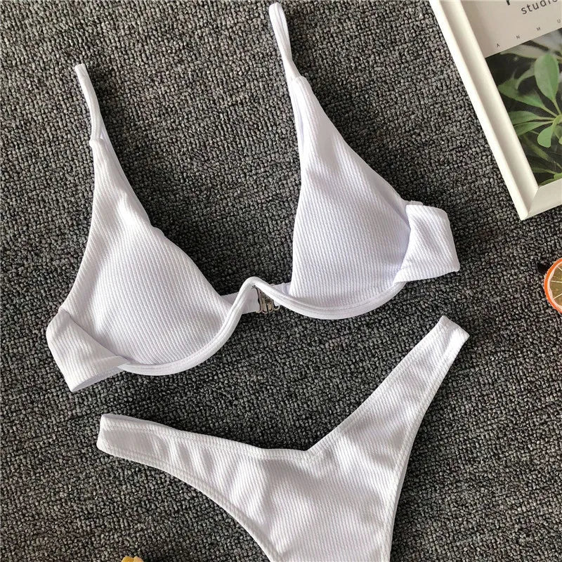 High Cut V-bar Underwired Bikini Women Swimsuit Female Micro Thong Swimwear Two-pieces Bikini Set Push Up Bathing Suit Swim Lady