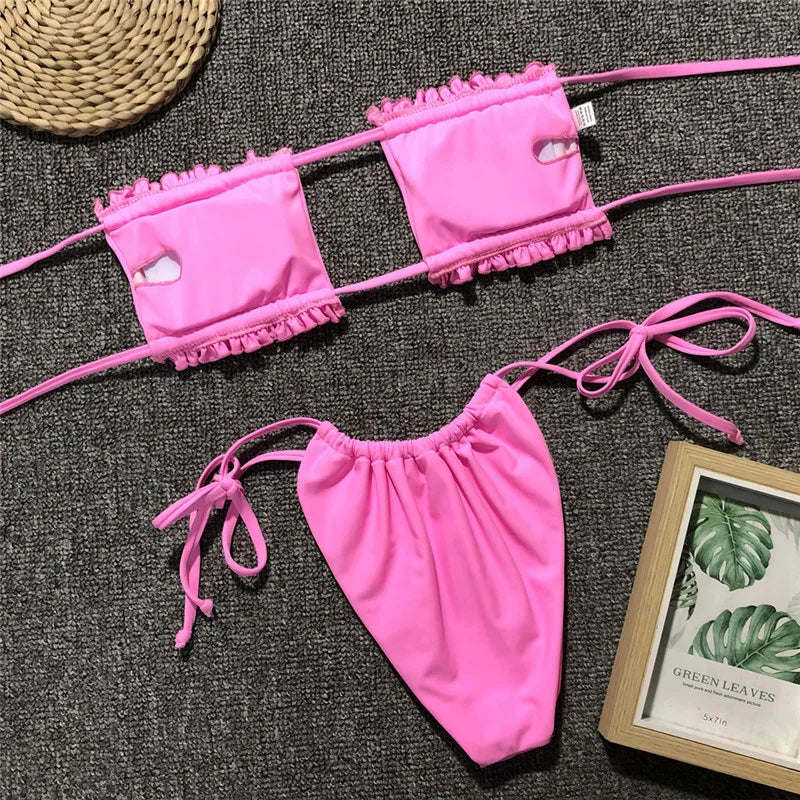 Tie Dye Pleated Ruffled Bikinis Bandeau Bikini Women Swimsuit Female Swimwear Two-pieces Bikini Set Hollow Out Bathing Suit Swim
