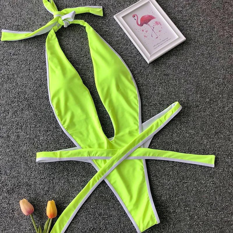 2025 Deep V Female Halter Swimwear One Piece Swimsuit Women Backless Monokini High Cut Wrap Around Bathing Suit Swim Bodysuit