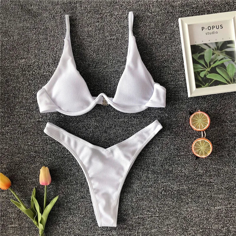 Sexy Neon V-bar Underwired Bikini 2025 Female Ribbed Swimsuit Women Thong Swimwear Two-pieces Bikini set Push up Bathing Suit
